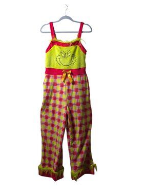 The Grinch Small Christmas Pajama Overalls Plaid Fuzzy Trim Dr Seuss Jumpsuit